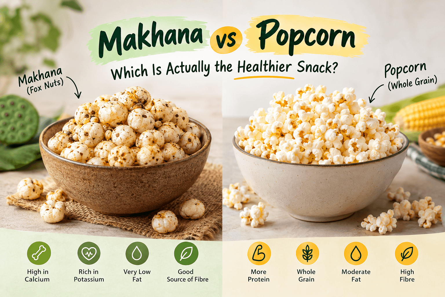 Roasted makhana and air-popped popcorn in bowls, compared side by side